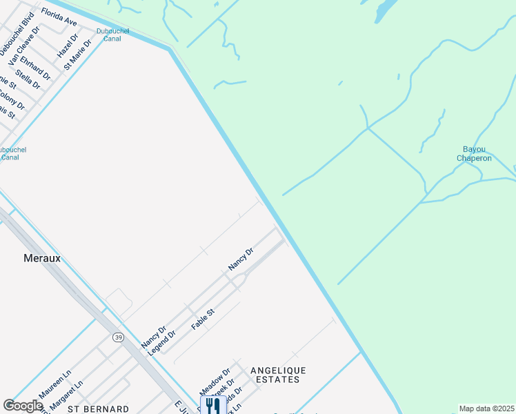 map of restaurants, bars, coffee shops, grocery stores, and more near 3433 Maureen Lane in Meraux