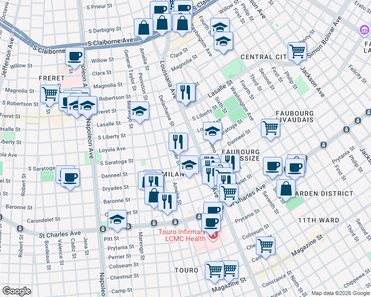 map of restaurants, bars, coffee shops, grocery stores, and more near 3429 South Saratoga Street in New Orleans
