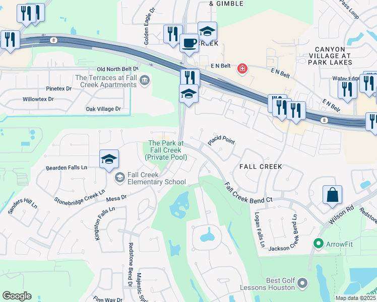map of restaurants, bars, coffee shops, grocery stores, and more near 8003 Jayci Park Ln in Humble