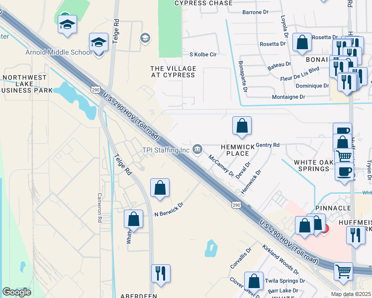 map of restaurants, bars, coffee shops, grocery stores, and more near 21870 Northwest Freeway in Cypress