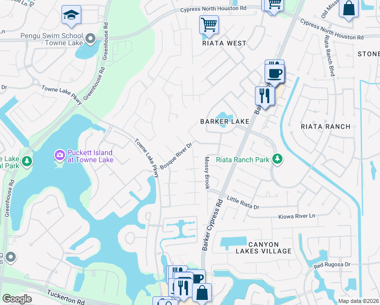 map of restaurants, bars, coffee shops, grocery stores, and more near 10435 Lavender Landing Lane in Harris County