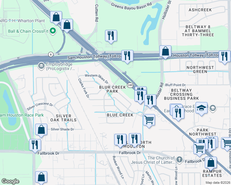 map of restaurants, bars, coffee shops, grocery stores, and more near 15311 Western Skies Dr in Houston