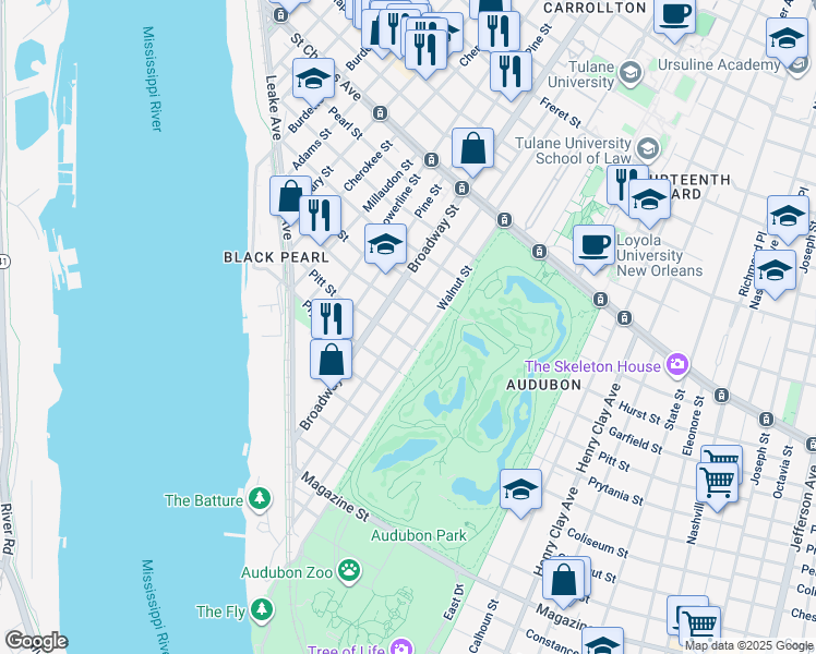 map of restaurants, bars, coffee shops, grocery stores, and more near 421 Audubon Street in New Orleans