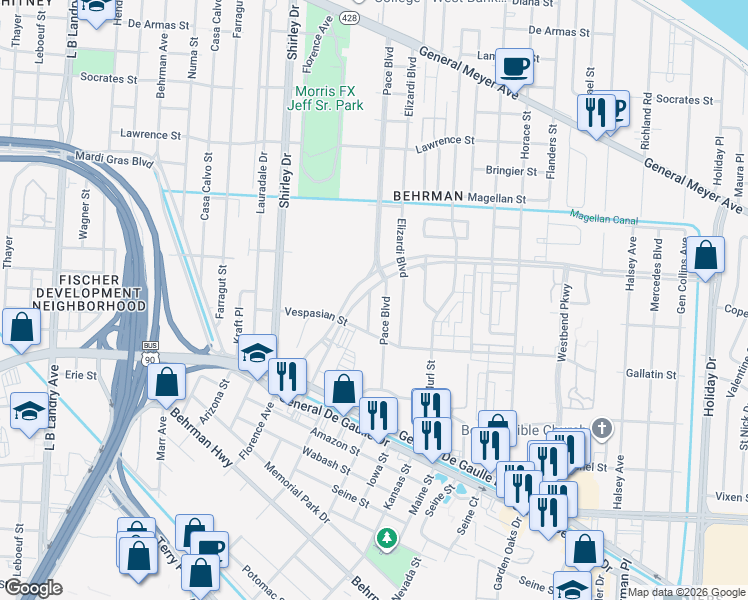 map of restaurants, bars, coffee shops, grocery stores, and more near 2679 Wall Boulevard in New Orleans