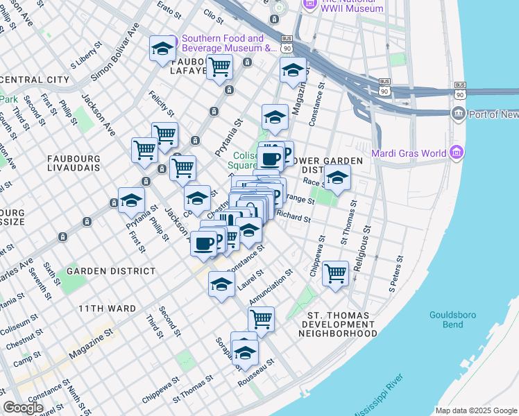 map of restaurants, bars, coffee shops, grocery stores, and more near in New Orleans