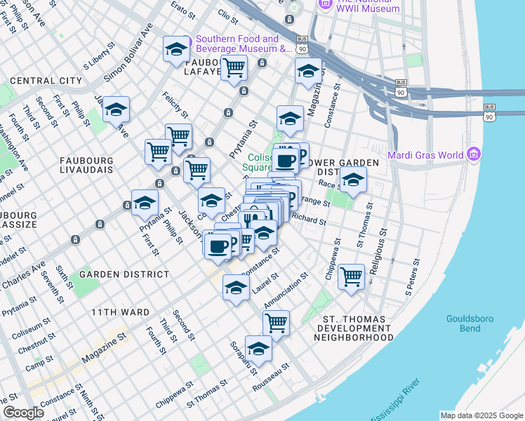 map of restaurants, bars, coffee shops, grocery stores, and more near in New Orleans