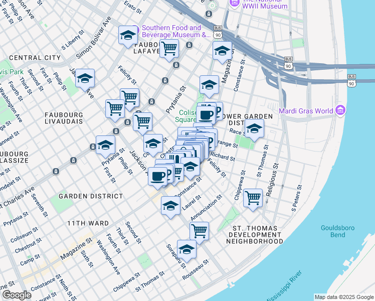 map of restaurants, bars, coffee shops, grocery stores, and more near in New Orleans