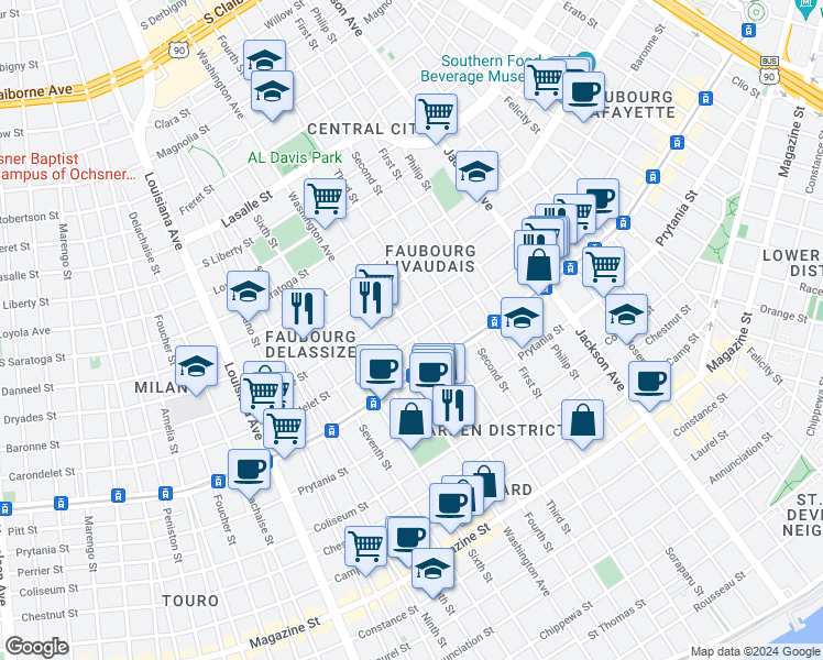 map of restaurants, bars, coffee shops, grocery stores, and more near 2618 Carondelet Street in New Orleans