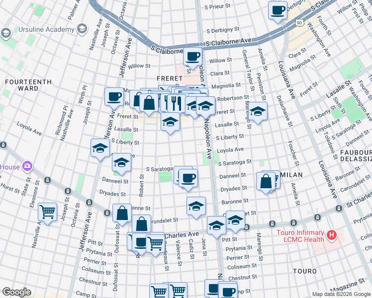 map of restaurants, bars, coffee shops, grocery stores, and more near 2219 Cadiz Street in New Orleans