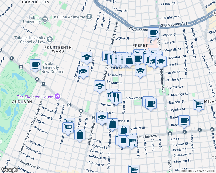 map of restaurants, bars, coffee shops, grocery stores, and more near 2012 Valmont Street in New Orleans
