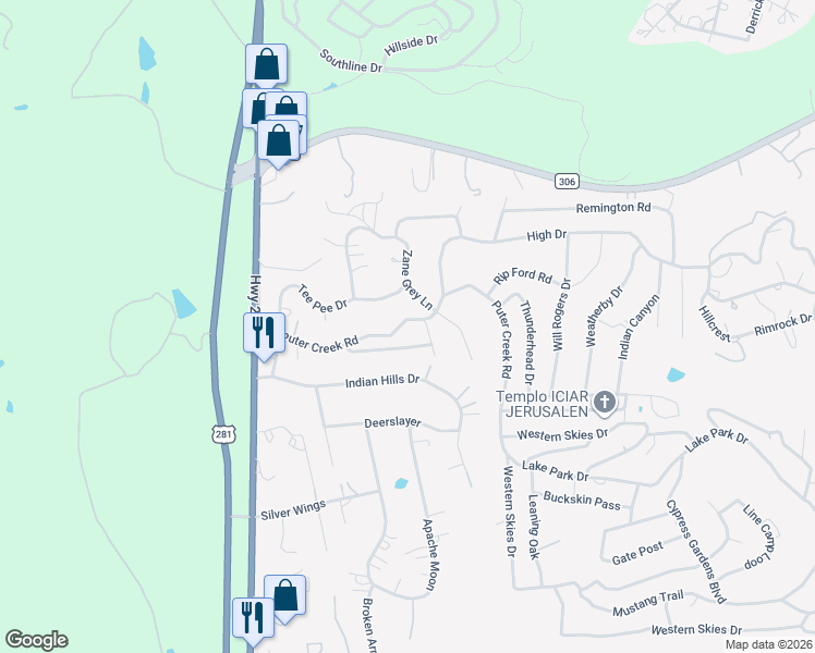 map of restaurants, bars, coffee shops, grocery stores, and more near 2560 Puter Creek Road in Spring Branch