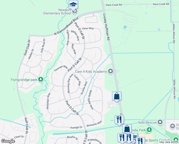 map of restaurants, bars, coffee shops, grocery stores, and more near 402 Salt Wind Court in Crosby