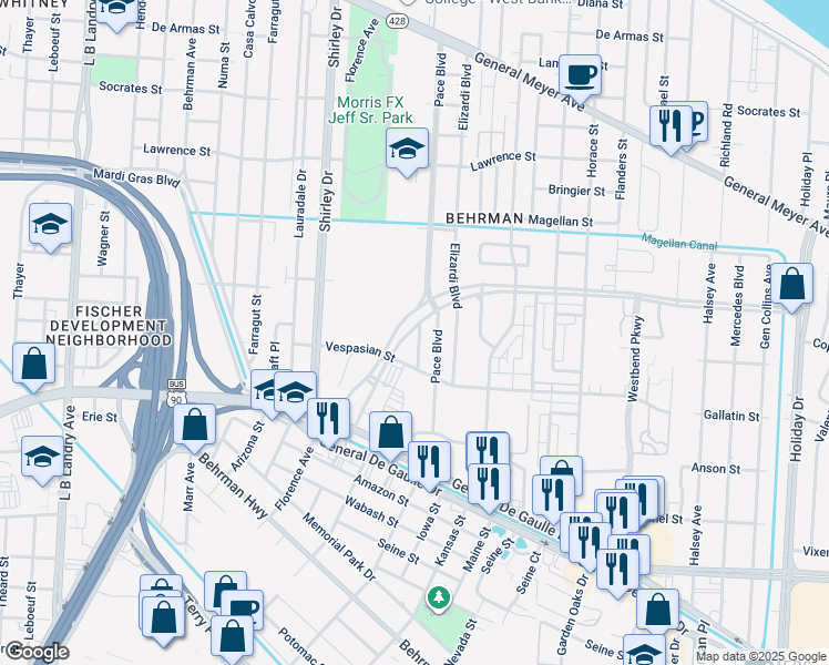 map of restaurants, bars, coffee shops, grocery stores, and more near 2679 Wall Boulevard in New Orleans
