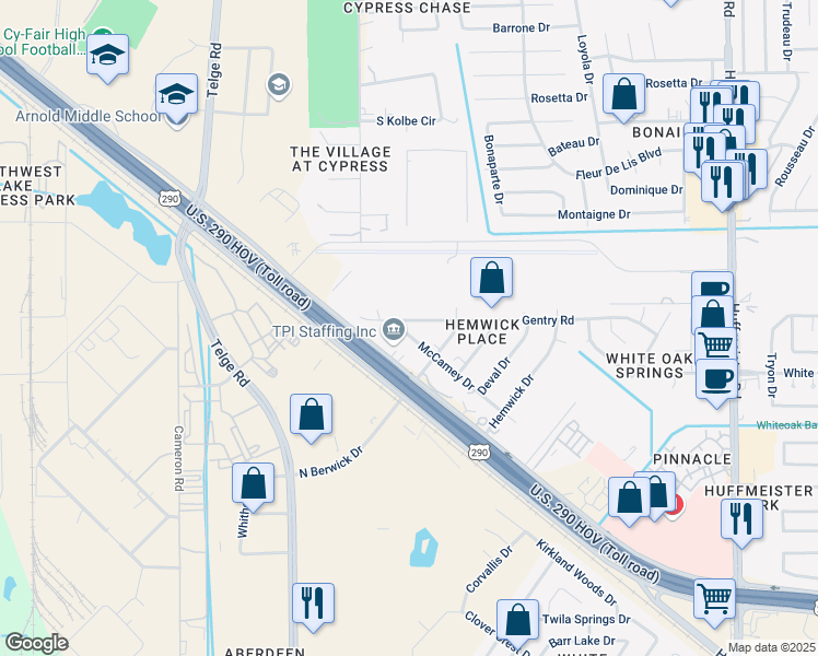 map of restaurants, bars, coffee shops, grocery stores, and more near 21831 Gentry Road in Cypress