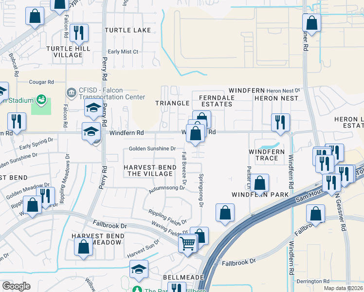 map of restaurants, bars, coffee shops, grocery stores, and more near 11239 Fall Breeze Drive in Houston