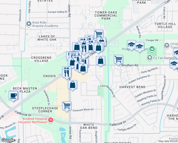 map of restaurants, bars, coffee shops, grocery stores, and more near 11027 Mistic Moon Court in Houston