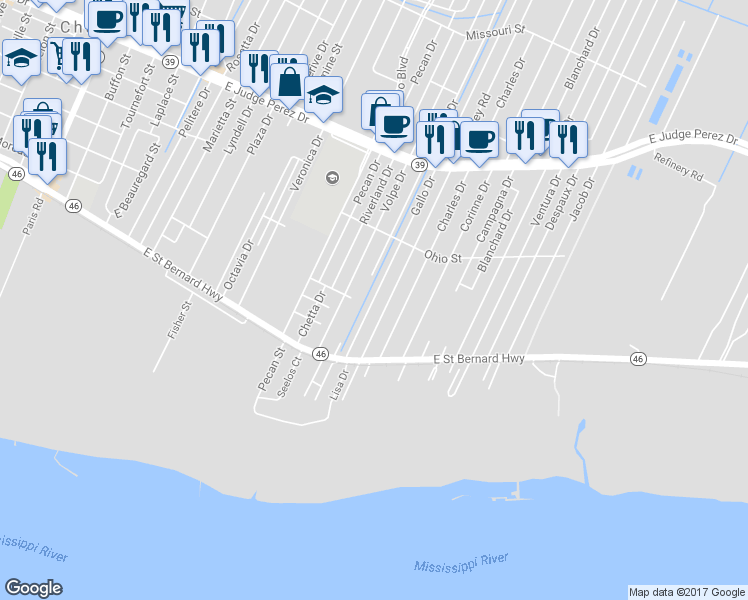 map of restaurants, bars, coffee shops, grocery stores, and more near 2201 Gallo Drive in Chalmette