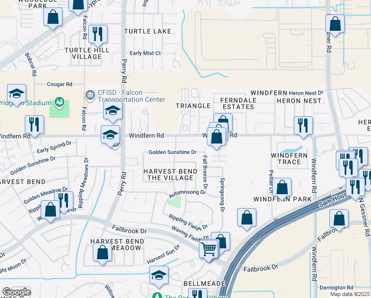 map of restaurants, bars, coffee shops, grocery stores, and more near 9150 Golden Sunshine Drive in Houston