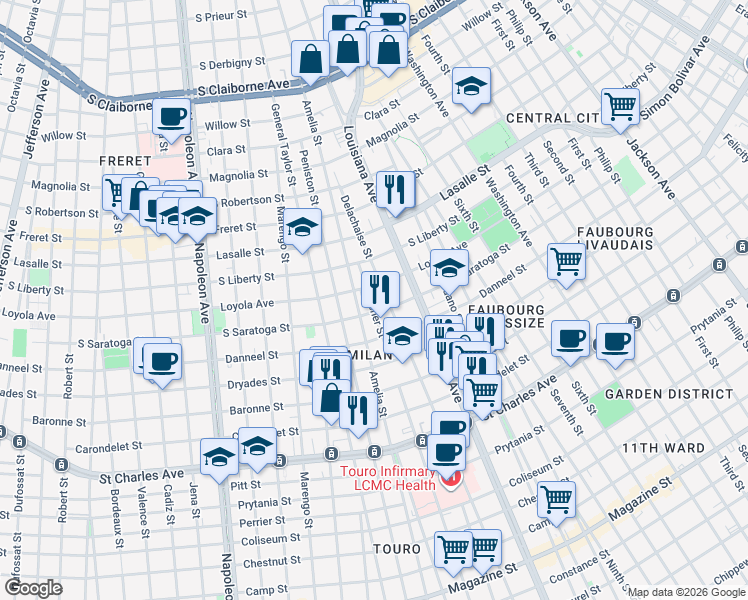 map of restaurants, bars, coffee shops, grocery stores, and more near 2101 Amelia Street in New Orleans