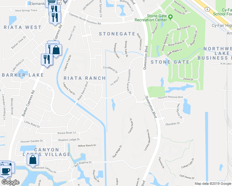 map of restaurants, bars, coffee shops, grocery stores, and more near 16730 Sonoma Del Norte Drive in Houston
