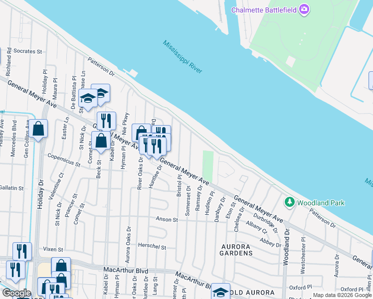 map of restaurants, bars, coffee shops, grocery stores, and more near 220 Roselyn Park Place in New Orleans