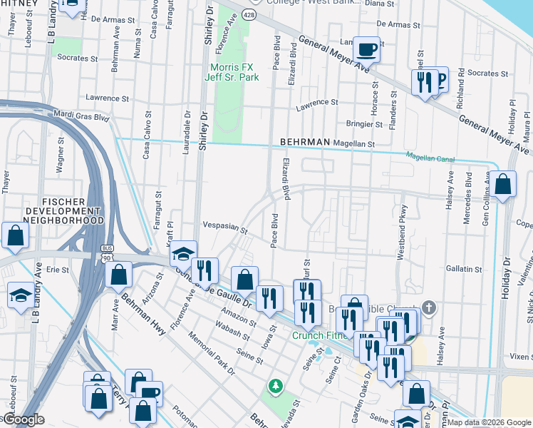 map of restaurants, bars, coffee shops, grocery stores, and more near 2679 Wall Boulevard in New Orleans