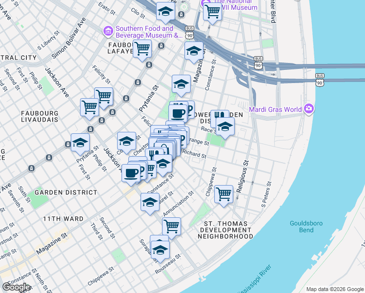 map of restaurants, bars, coffee shops, grocery stores, and more near 1573 Constance Street in New Orleans