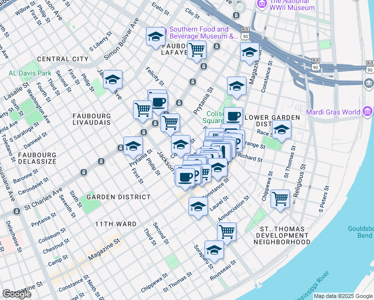 map of restaurants, bars, coffee shops, grocery stores, and more near 1300 Saint Andrew Street in New Orleans