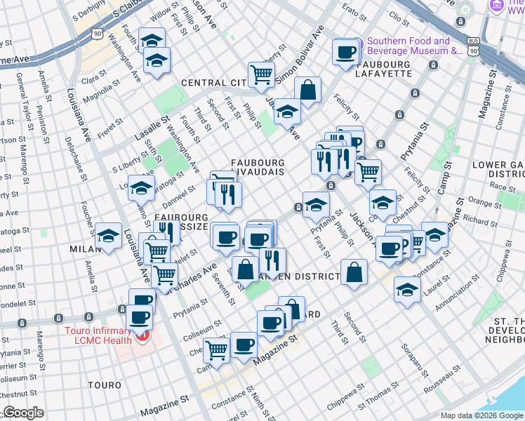 map of restaurants, bars, coffee shops, grocery stores, and more near 2618 Carondelet Street in New Orleans
