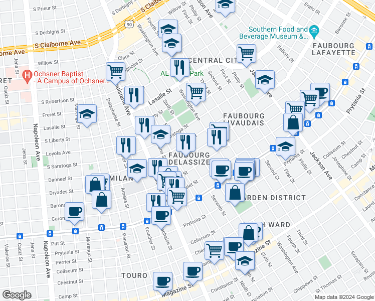 map of restaurants, bars, coffee shops, grocery stores, and more near 2935 Dryades Street in New Orleans
