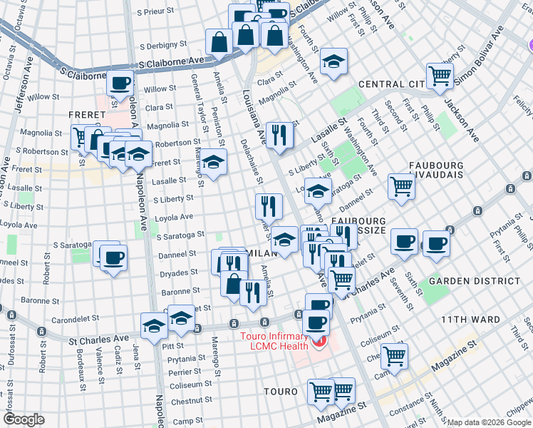 map of restaurants, bars, coffee shops, grocery stores, and more near 2101 Amelia Street in New Orleans