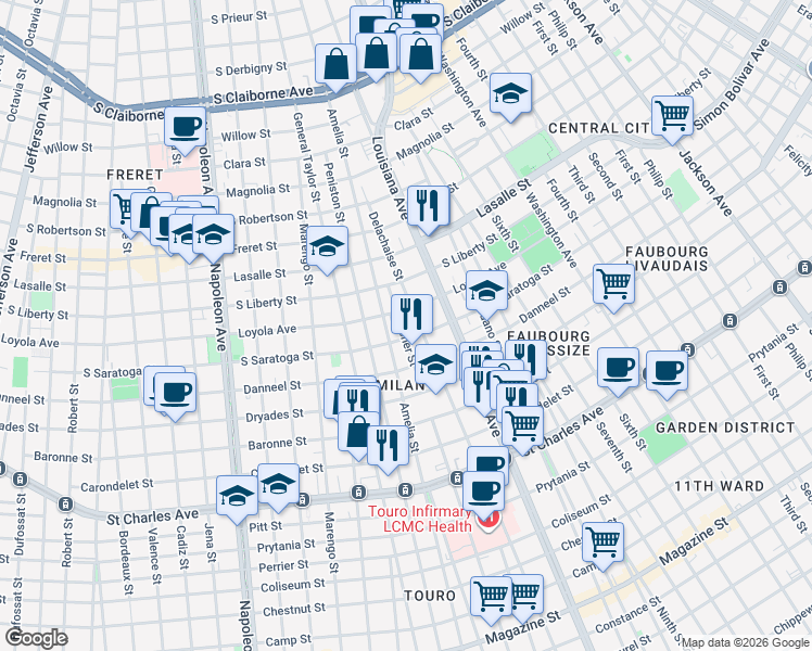 map of restaurants, bars, coffee shops, grocery stores, and more near 2101 Amelia Street in New Orleans