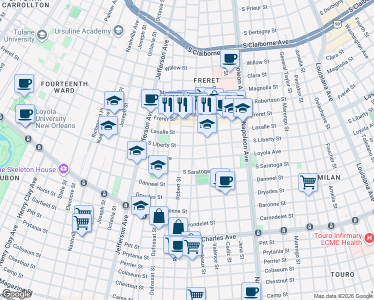 map of restaurants, bars, coffee shops, grocery stores, and more near 4918 South Liberty Street in New Orleans