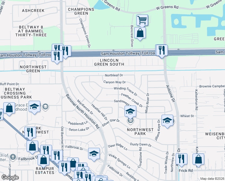 map of restaurants, bars, coffee shops, grocery stores, and more near 7002 Feather Creek Drive in Houston
