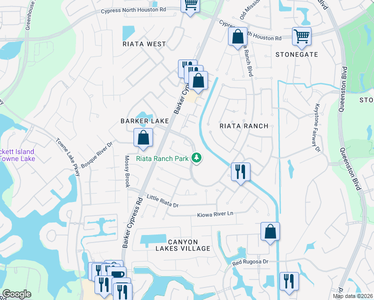 map of restaurants, bars, coffee shops, grocery stores, and more near 17502 Brushy River Court in Houston