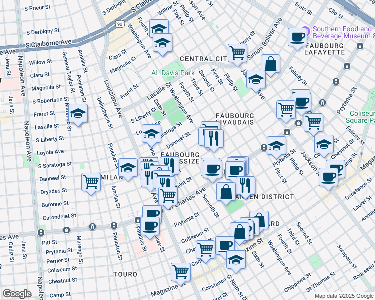 map of restaurants, bars, coffee shops, grocery stores, and more near Dryades St & Sixth St in New Orleans