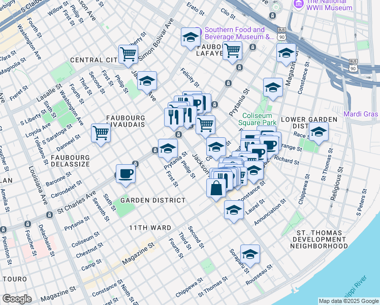 map of restaurants, bars, coffee shops, grocery stores, and more near 1436 Jackson Avenue in New Orleans