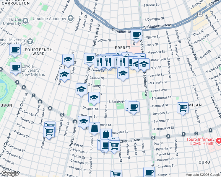 map of restaurants, bars, coffee shops, grocery stores, and more near 4918 South Liberty Street in New Orleans