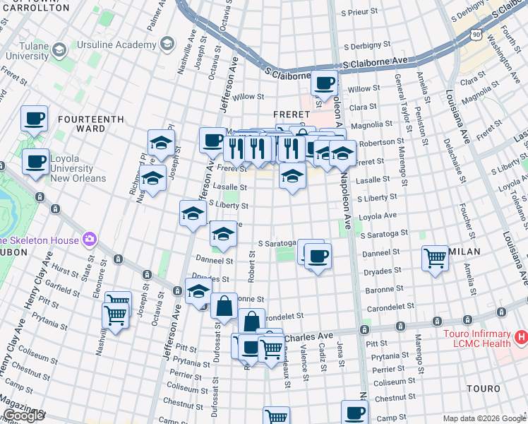 map of restaurants, bars, coffee shops, grocery stores, and more near 4917 Loyola Avenue in New Orleans