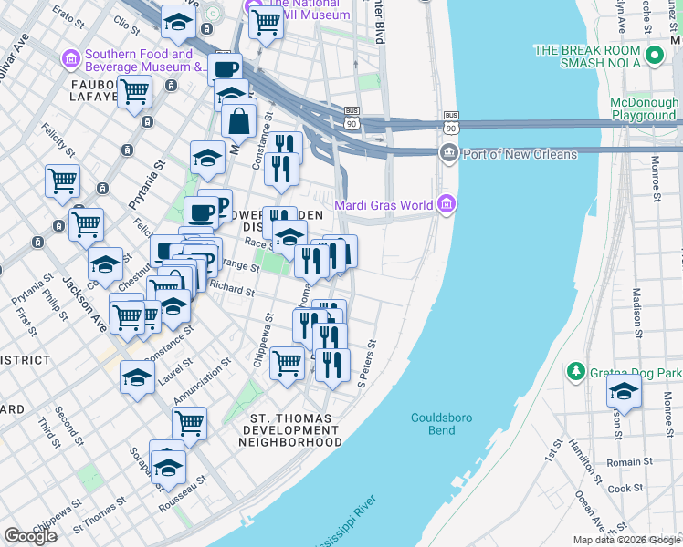 map of restaurants, bars, coffee shops, grocery stores, and more near in New Orleans