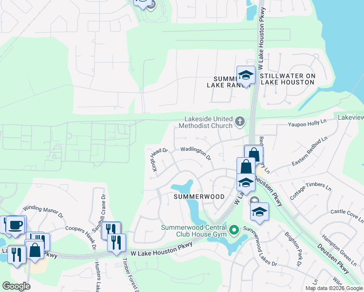 map of restaurants, bars, coffee shops, grocery stores, and more near 14614 Wadlington Drive in Houston