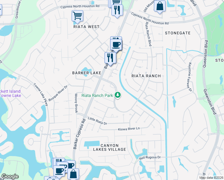 map of restaurants, bars, coffee shops, grocery stores, and more near 17502 Brushy River Court in Houston