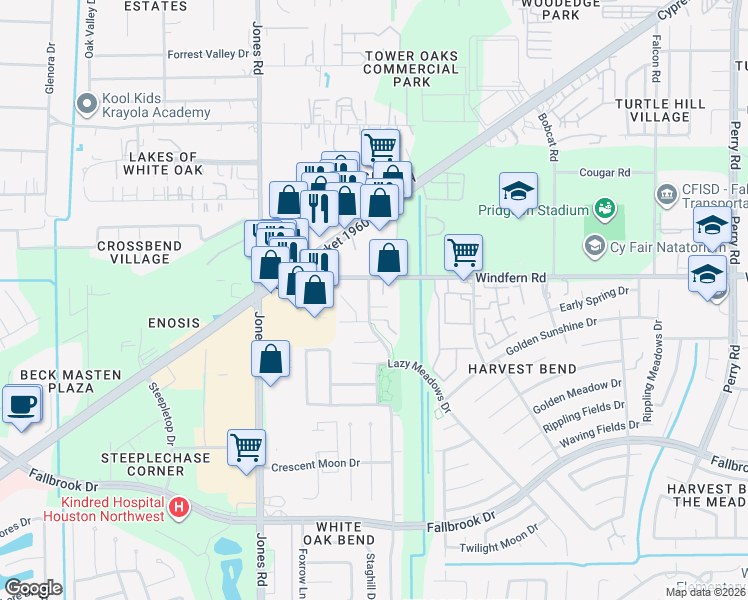 map of restaurants, bars, coffee shops, grocery stores, and more near 10726 Starlit Meadows Court in Houston