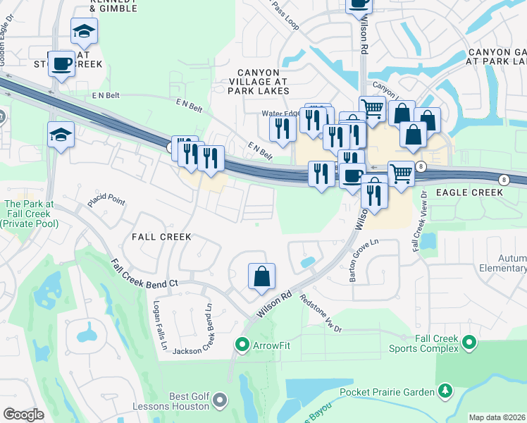 map of restaurants, bars, coffee shops, grocery stores, and more near 9300 North Sam Houston Parkway East in Humble