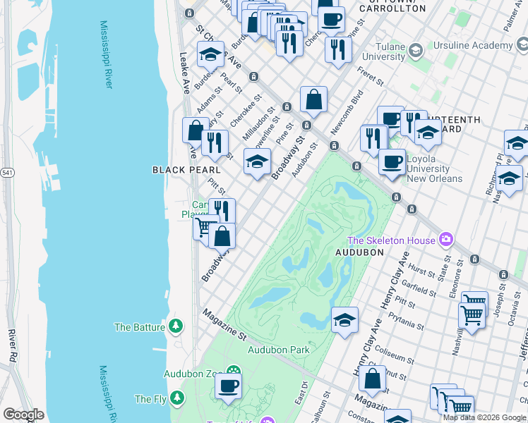 map of restaurants, bars, coffee shops, grocery stores, and more near 421 Audubon Street in New Orleans