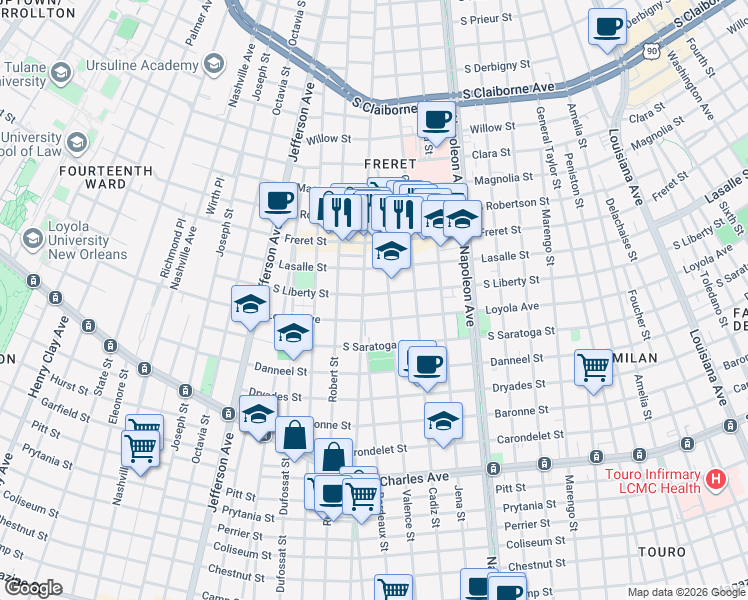 map of restaurants, bars, coffee shops, grocery stores, and more near in New Orleans