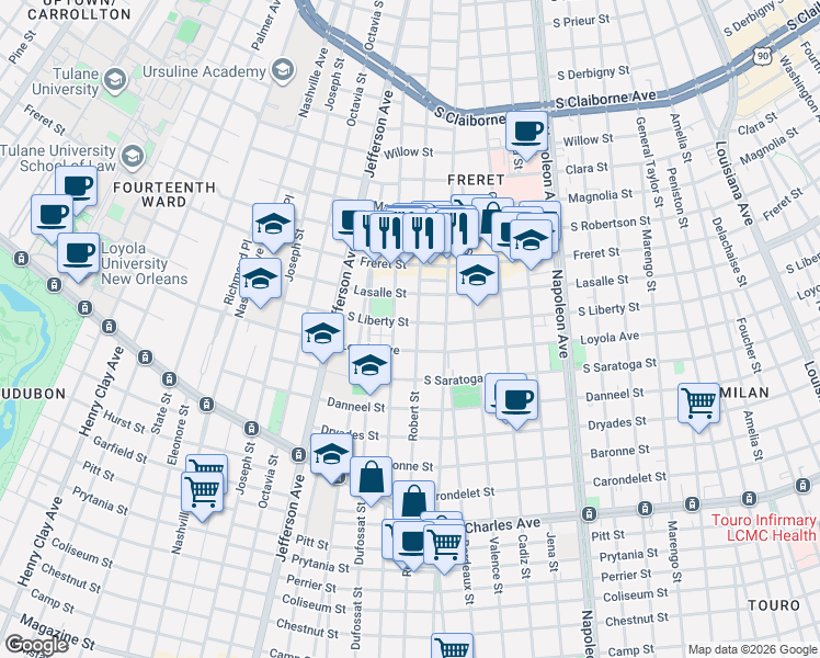 map of restaurants, bars, coffee shops, grocery stores, and more near 5035 Loyola Avenue in New Orleans