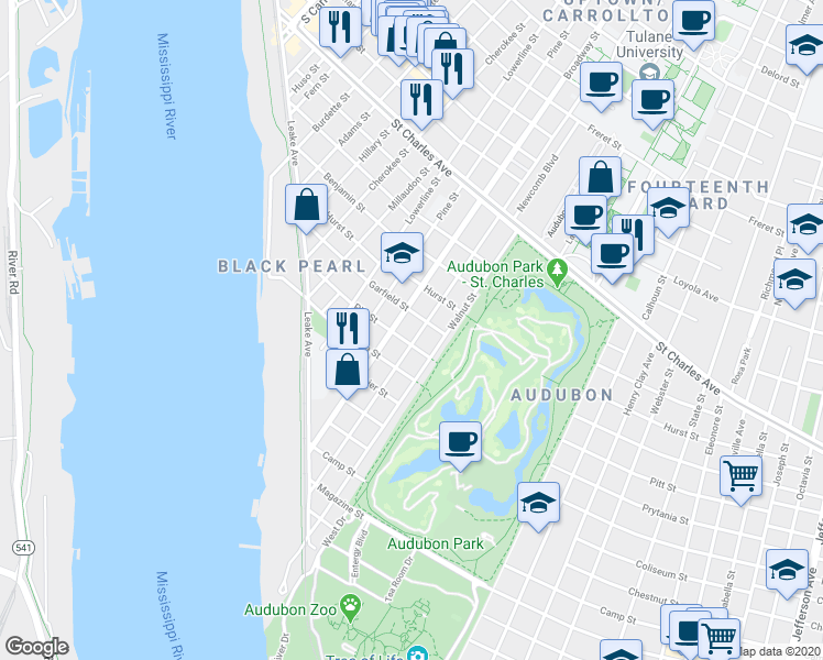 map of restaurants, bars, coffee shops, grocery stores, and more near 421 Audubon Street in New Orleans
