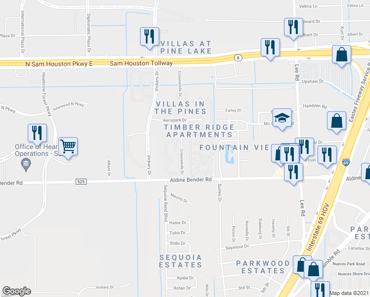 map of restaurants, bars, coffee shops, grocery stores, and more near 5015 Aldine Bender Road in Houston