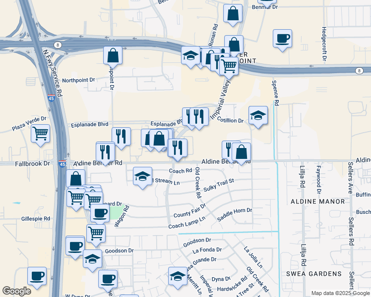 map of restaurants, bars, coffee shops, grocery stores, and more near 1623 Imperial Valley Drive in Houston